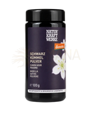 Bio schwarzkümmel pulver 100 g in dunkelviolettem zylinder mit schwarzkümmelöl etikett von natur kraft werke
