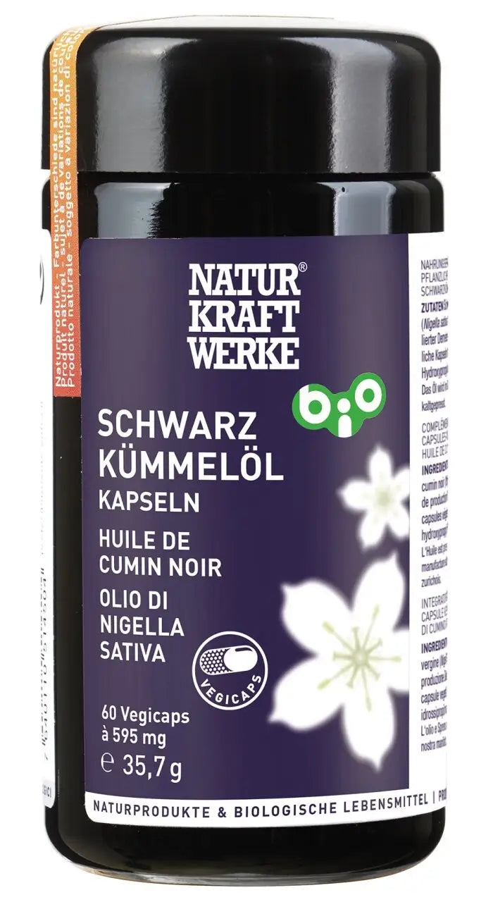 Bio Schwarzkümmelöl Kapseln von NaturKraftWerk, 60 vegane Nahrungsergänzungskapseln in einer transparenten Verpackung.