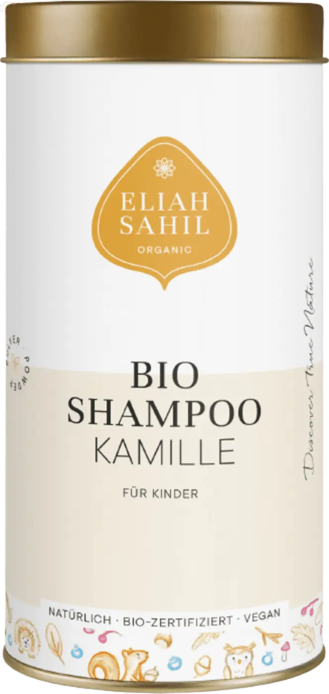 Bio-Kamillenshampoo für Kinder von Eliah Sahil in Pulverform, sanfte Reinigung und Pflege für Kinderhaare.