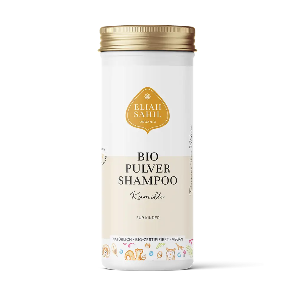 Bio-Kinder-Shampoo mit Kamille von Eliah Sahil in weißer Dose, sanft reinigend für empfindliche Kinderhaut.