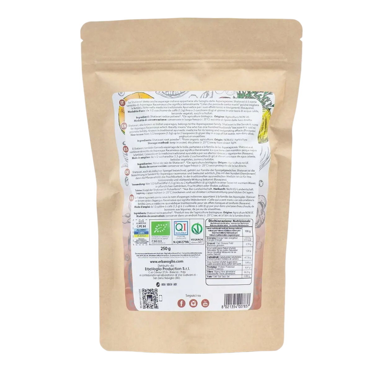 Bio-Shatavari-Pulver von Erbavoglio, Nahrungsergänzung in beiger Verpackung, wieder verschließbar, feines Pulver für die Gesundheit