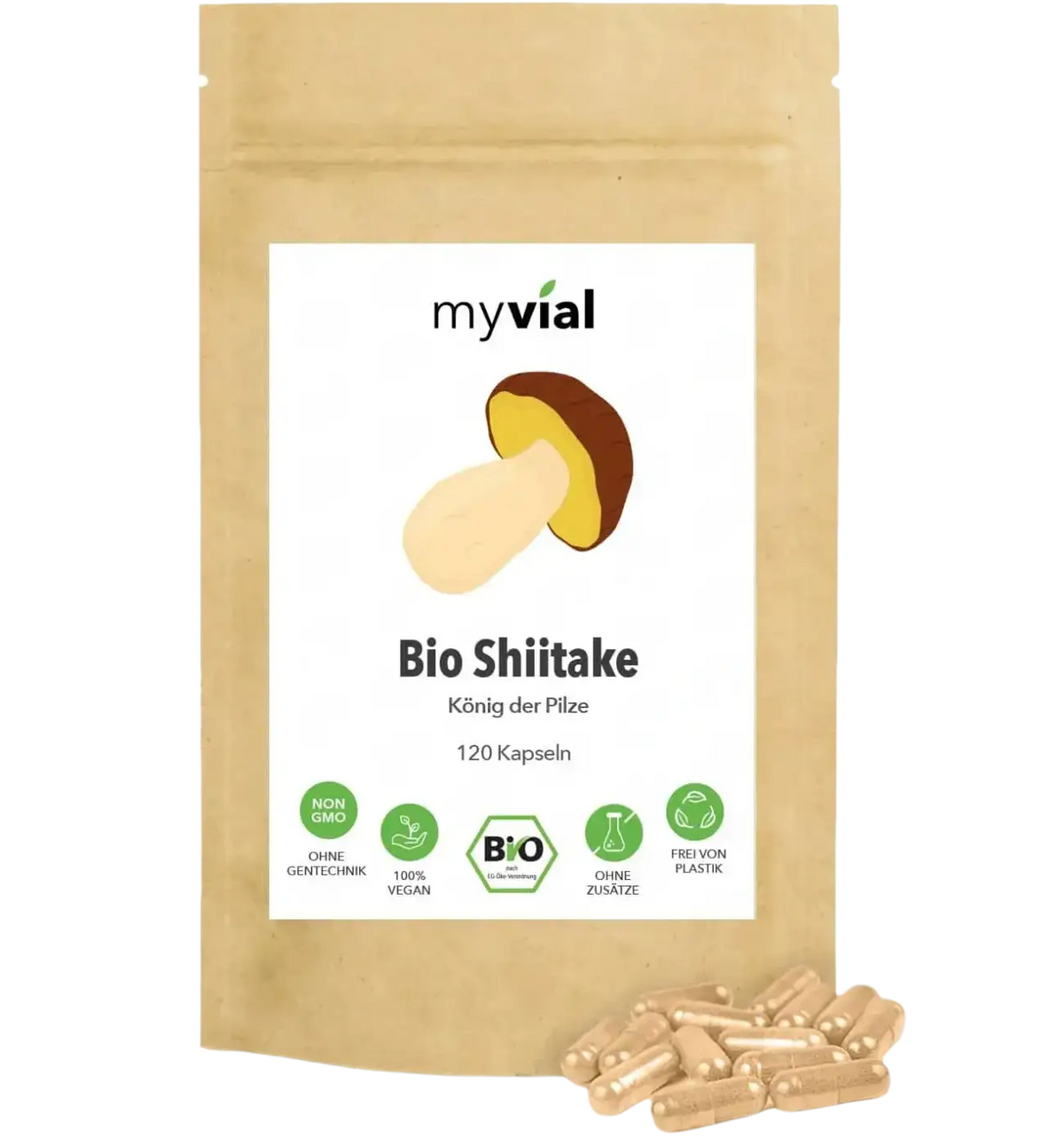 Vegan Bio-Shiitake-Kapseln in einer weißen Flasche, 120 Stück, Nahrungsergänzung, von myvial.