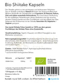 The back label of bio shiitake kapseln 120 stück vegan package with german text on organische shiitake-kapseln ingredients and usage supports das immunsystem
