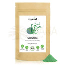 Myvial bio spirulina pulver 250g in brauner wiederverschließbarer tasche mit bio-zertifizierung und essentiellen aminosäuren
