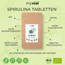 Braune wiederverschließbare pouch mit myvial bio spirulina tabletten presslinge 240 stück vegan und organic spirulina tablets label