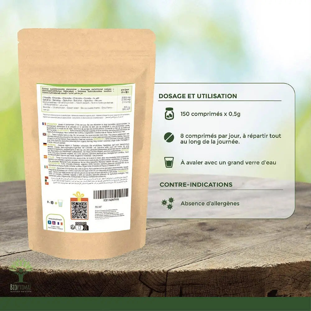 Bio Spirulina- und Chlorella-Mix Tabletten von Bioptimal, 600 Stück, Nahrungsergänzungsmittel mit grünen Tabletten.