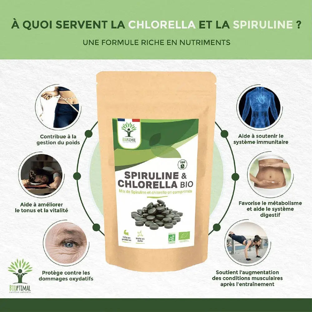 Bio Spirulina- und Chlorella-Mix Tabletten von Bioptimal, 600 Stück, Nahrungsergänzungsmittel, close-up der grünen Tabletten