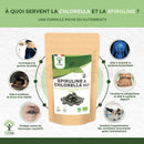 Braune wiederverschließbare tasche mit organische spirulina und chlorella mix tabletten in dunkelgrün mit bio zertifizierung