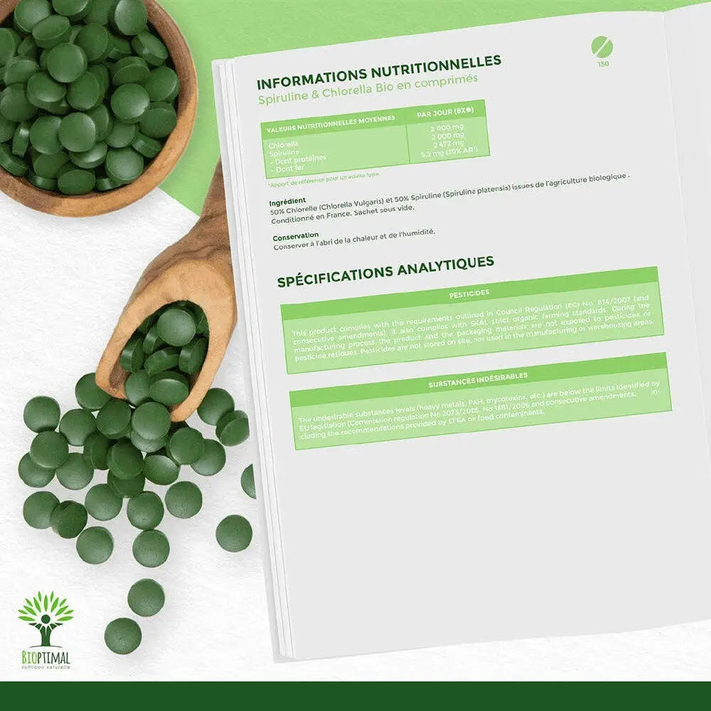 Bio Spirulina- und Chlorella-Mix Tabletten von Bioptimal, 600 Nahrungsergänzungstabletten in einer offenen Packung.