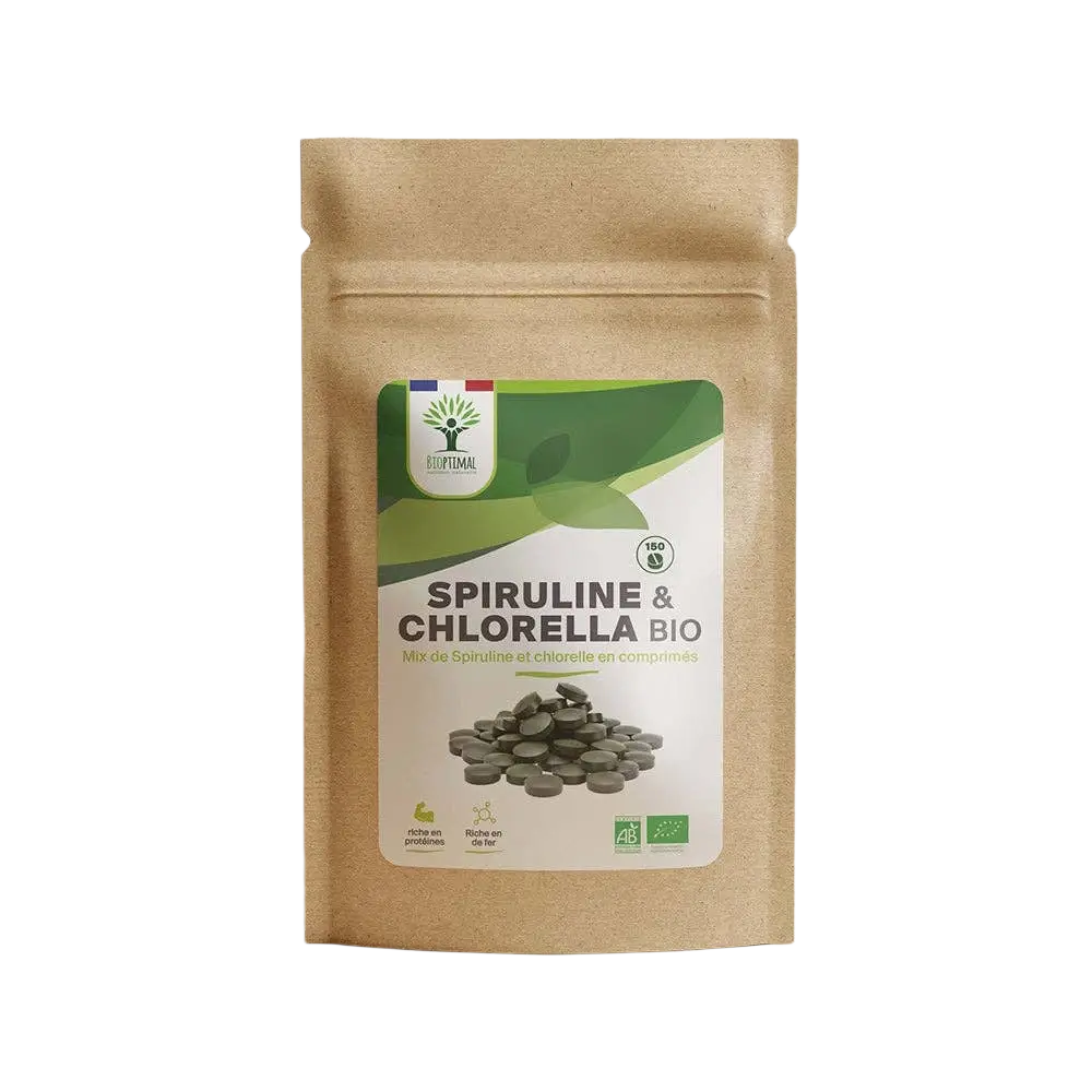 Bio Spirulina- und Chlorella-Mix Tabletten von Bioptimal, 600 Nahrungsergänzungstabletten in einer Packung.