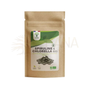 Braune recyclepapierverpackung mit organische spirulina und chlorella mix tabletten in dunkelgrüner runder form