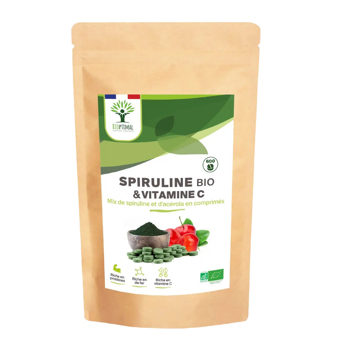 Bio-Spirulina und Vitamin C Nahrungsergänzung in Tablettenform von Bioptimal zur Steigerung von Energie und Wohlbefinden.