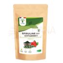 Eine braune wiederverschließbare packung mit organischer spirulina und vitamin c tabletten für mehr energie und wohlbefinden