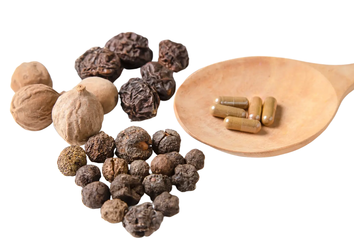 Bio Triphala 120 Kapseln, Verpackung mit Löffel