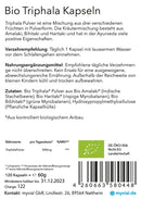 Bio Triphala Nahrungsergänzung, 120 vegane Kapseln in weißer Verpackung, von myvial, für Gesundheit und Wohlbefinden.
