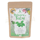 Braune wiederverschließbare tüte mit organischem tulsi-pulver bio tulsi pulver 100g für stressbewältigung und innere ruhe