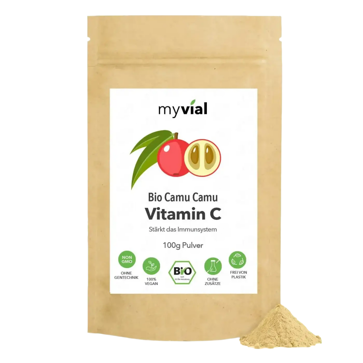 Bio Vitamin C Pulver von myvial, 100g Camu Camu Nahrungsergänzung, natürliche Vitamin C Quelle, feines Pulver in Glasbehälter
