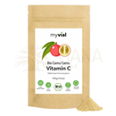 Myvial bio vitamin c pulver 100 gramm in brauner wiederverschließbarer packung mit natürlichem camu camu bio und grünen zertifizierungen