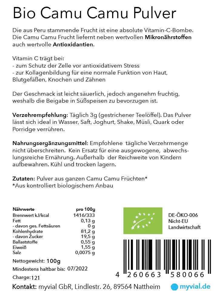 Bio Vitamin C Pulver von myvial, 100g Camu Camu Nahrungsergänzung, natürliches Vitamin C Pulver in Bio-Qualität