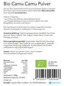 The backside label of myvial bio vitamin c pulver 100 gramm with natural camu camu bio and nutritional info