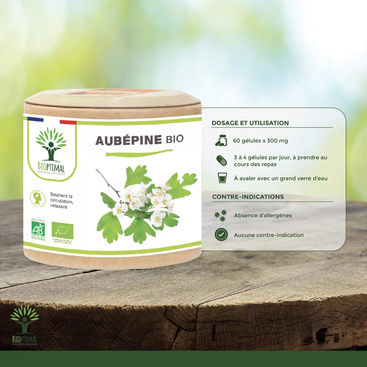 Bio Weißdorn Nahrungsergänzungsmittel in Kapseln, 60 Stück, von Bioptimal, sichtbare Kapseln in einer Verpackung.