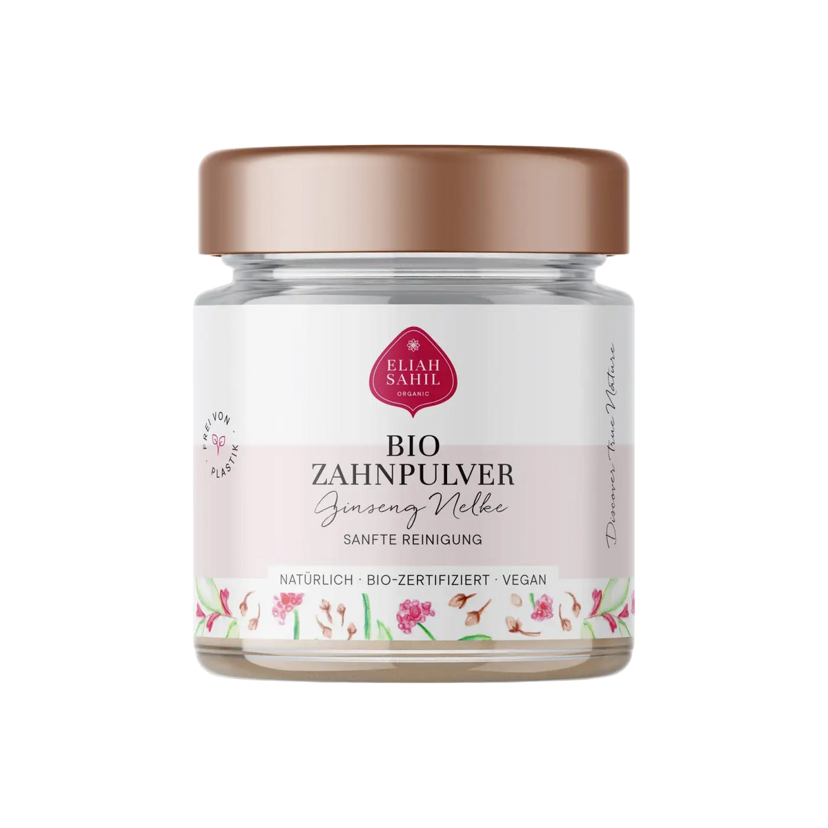 Bio Zahnpulver Ginseng von Eliah Sahil, natürliches Zahnpulver für gesunde Zähne, pflanzliche Zahnpflege mit Ginseng.