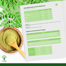 Bio-Moringa-Pulver von Bioptimal, veganes Nahrungsergänzungsmittel, in einem Glas mit grünen Moringa-Blättern.