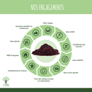 Grafik, die die Verpflichtungen von Bioptimal zeigt: 100 % vegan, glutenfrei, Bio-zertifiziert und auf Schwermetalle getestet, umgeben von einem Produktbild.