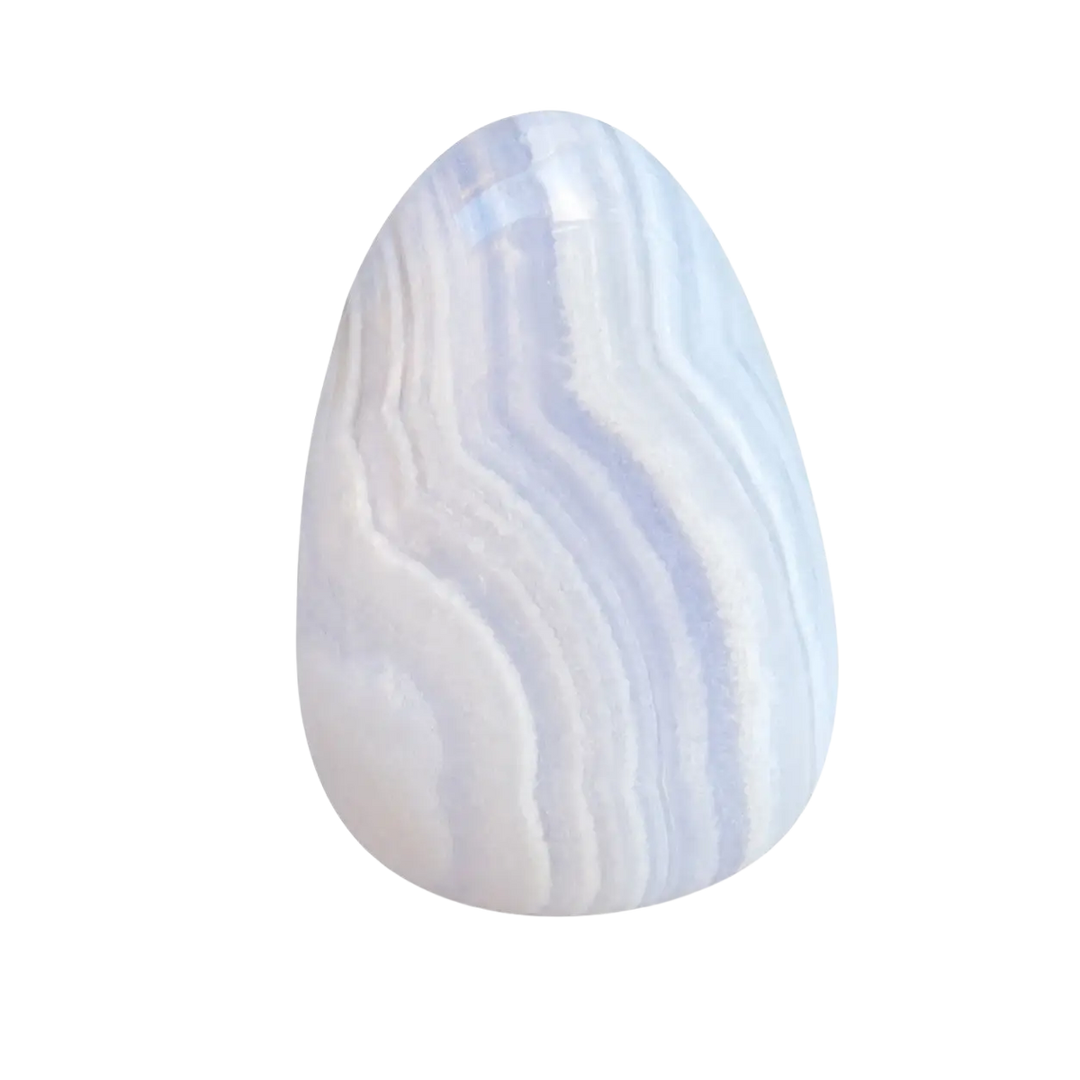 Blauer Spitzenachat Edelstein-Anhänger und Handschmeichler aus Schmuckstein, handgefertigt, mit natürlicher Maserung und leuchtender Farbe.
