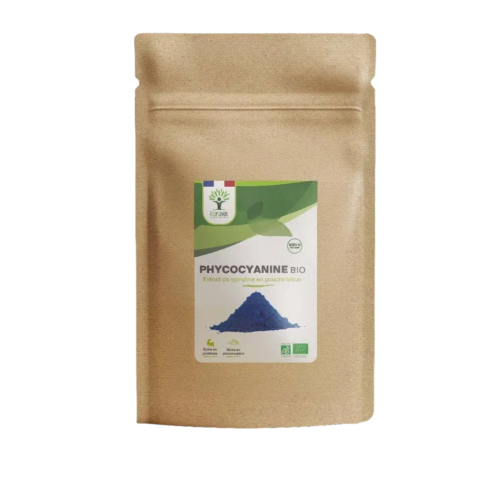 Blaues Bio-Spirulina Pulver von Bioptimal, Nahrungsergänzung mit Phycocyanin, 50 g, feines bläuliches Pulver.