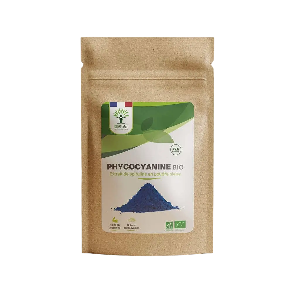 Blaues Spirulina Pulver BIO von Bioptimal, 50 g, mit Phycocyanin-Extrakt, frisch und natürlich in einer weißen Dose.