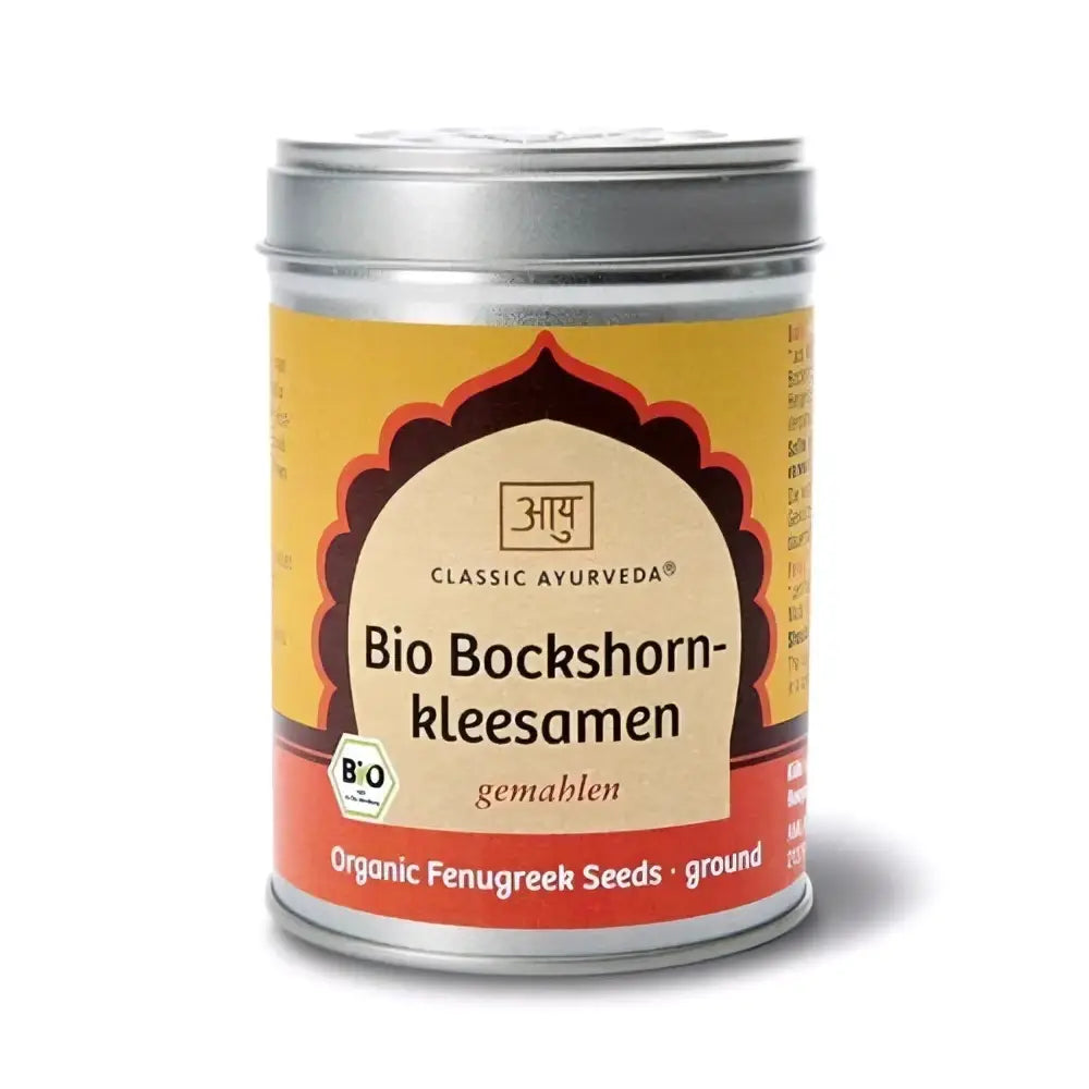 Gemahlene Bio-Bockshornkleesamen in zylindrischem Metallbehälter, Gewürz von Classic Ayurveda