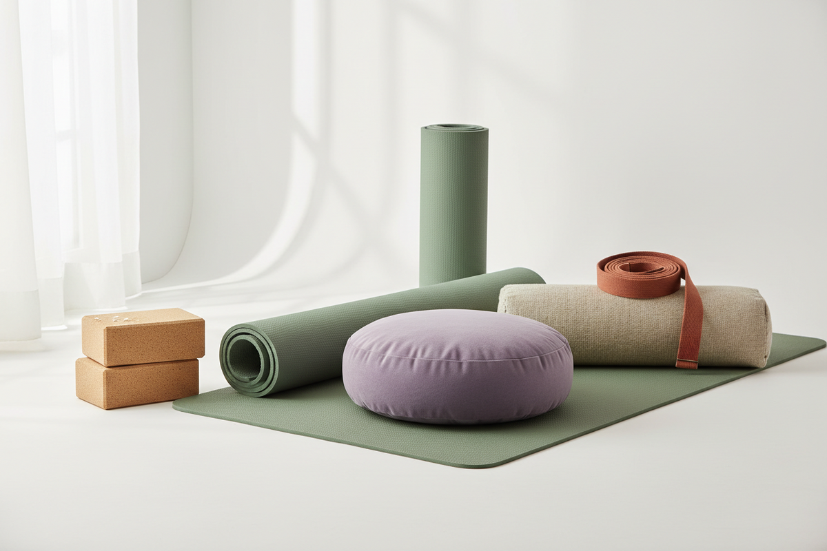 Yoga-Zubehör Set mit grüner Matte, lila Sitzkissen, Kork-Blöcken und Yogagurt auf weißem Grund.