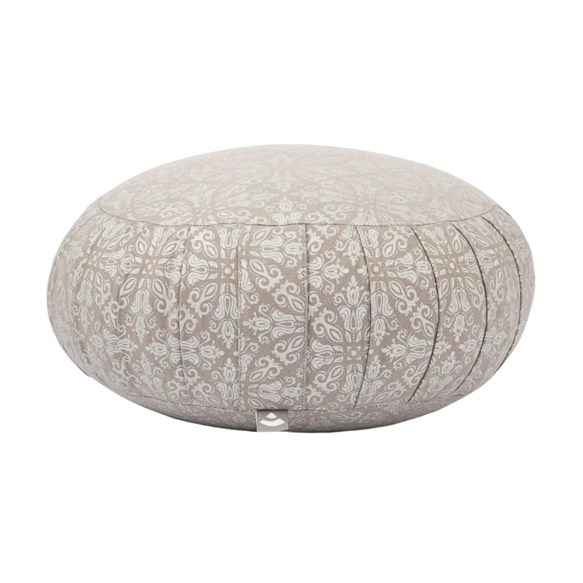 Beige meditationskissen zafu maharaja mit weißem floralmuster und vertikaler steppung für entspannte sitzhaltung