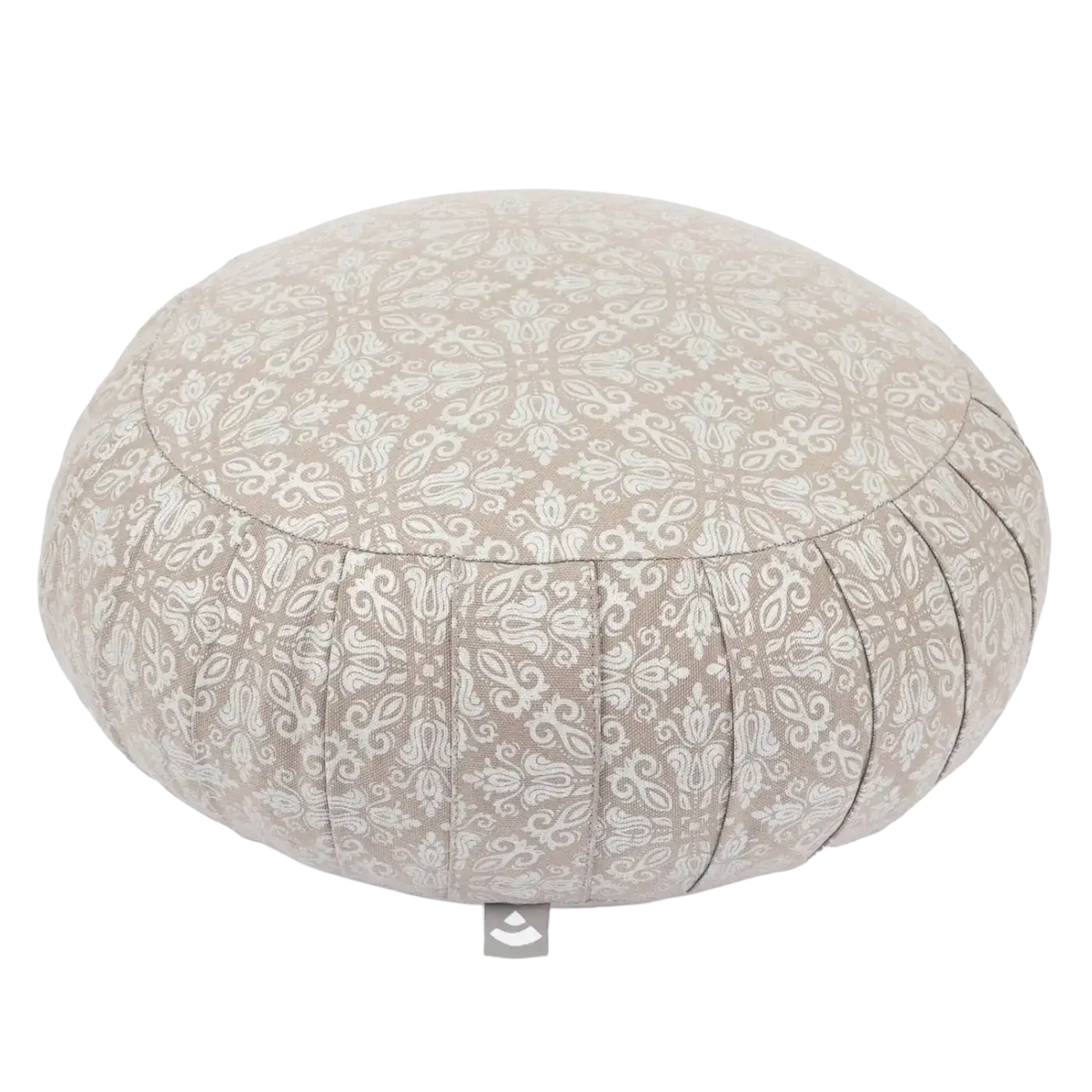 Beige bodhi zafu maharaja meditationskissen taupe silber mit weißem paisleymuster und gesteppter falte aus dinkelhülsen