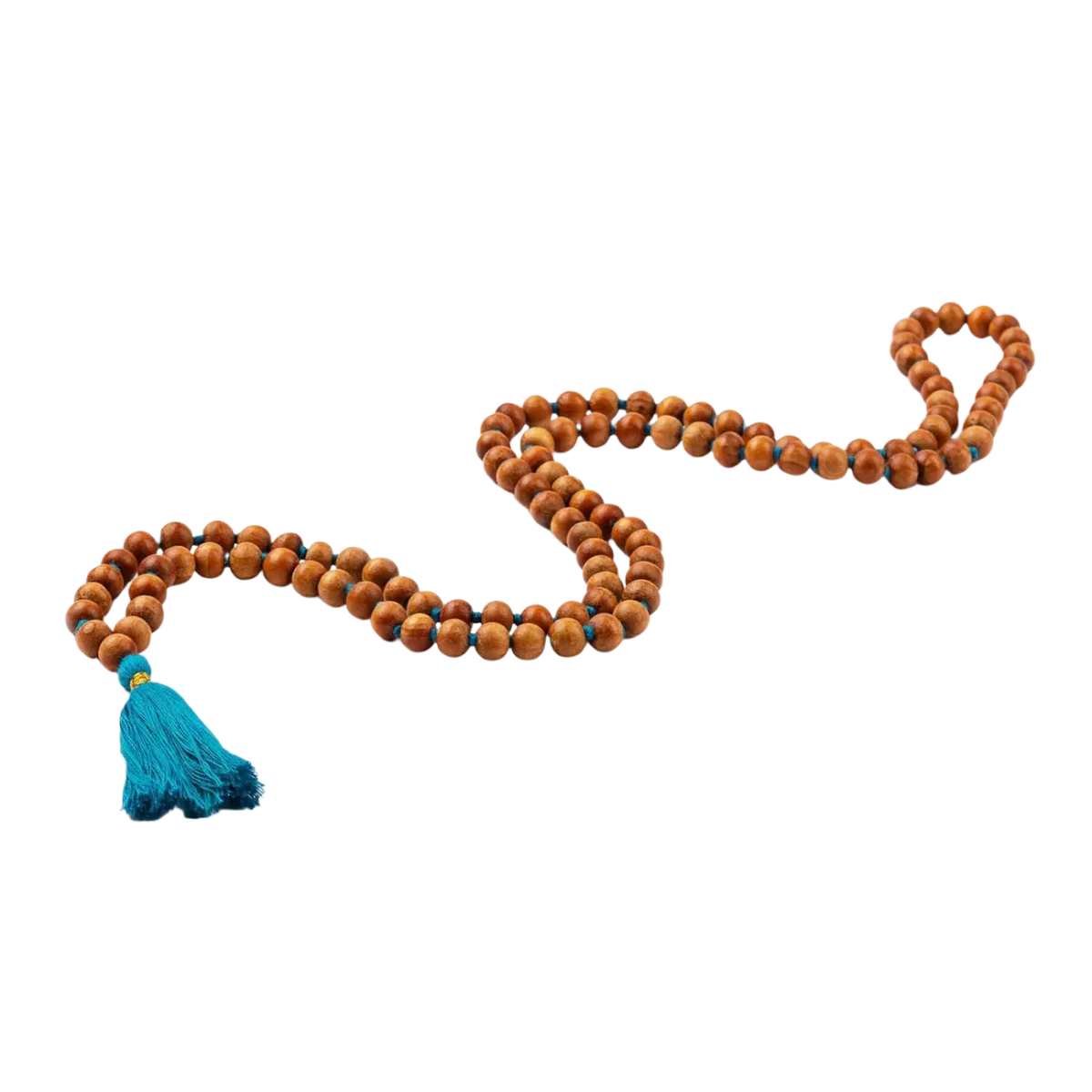 Bodynova Mala Yoga Kette aus Sandelholz mit duftendem Holz, 108 Perlen und bunter Quaste, als Schmuckstück für Meditation.