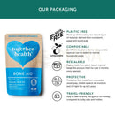 Blue and brown plant-based pouch of together health bone aid complex with form of vitamin for 30-day supply