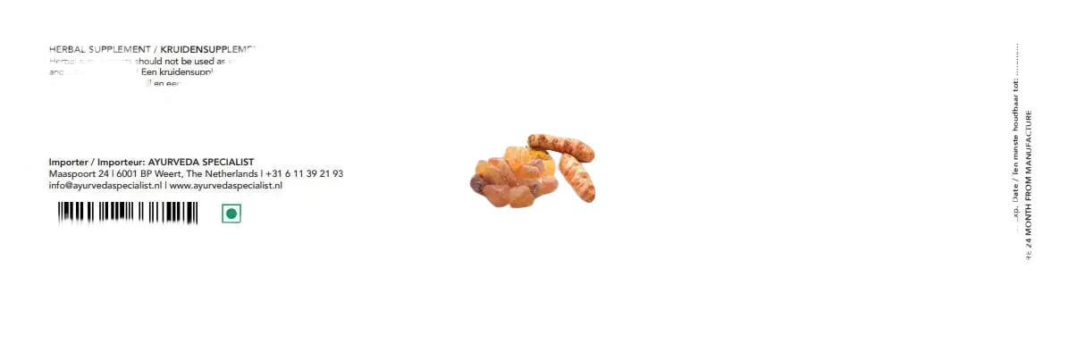 Die etikette für ayurveda specialists boswellia und curcumin krauterergänzung mit grün weißem design und krautbild