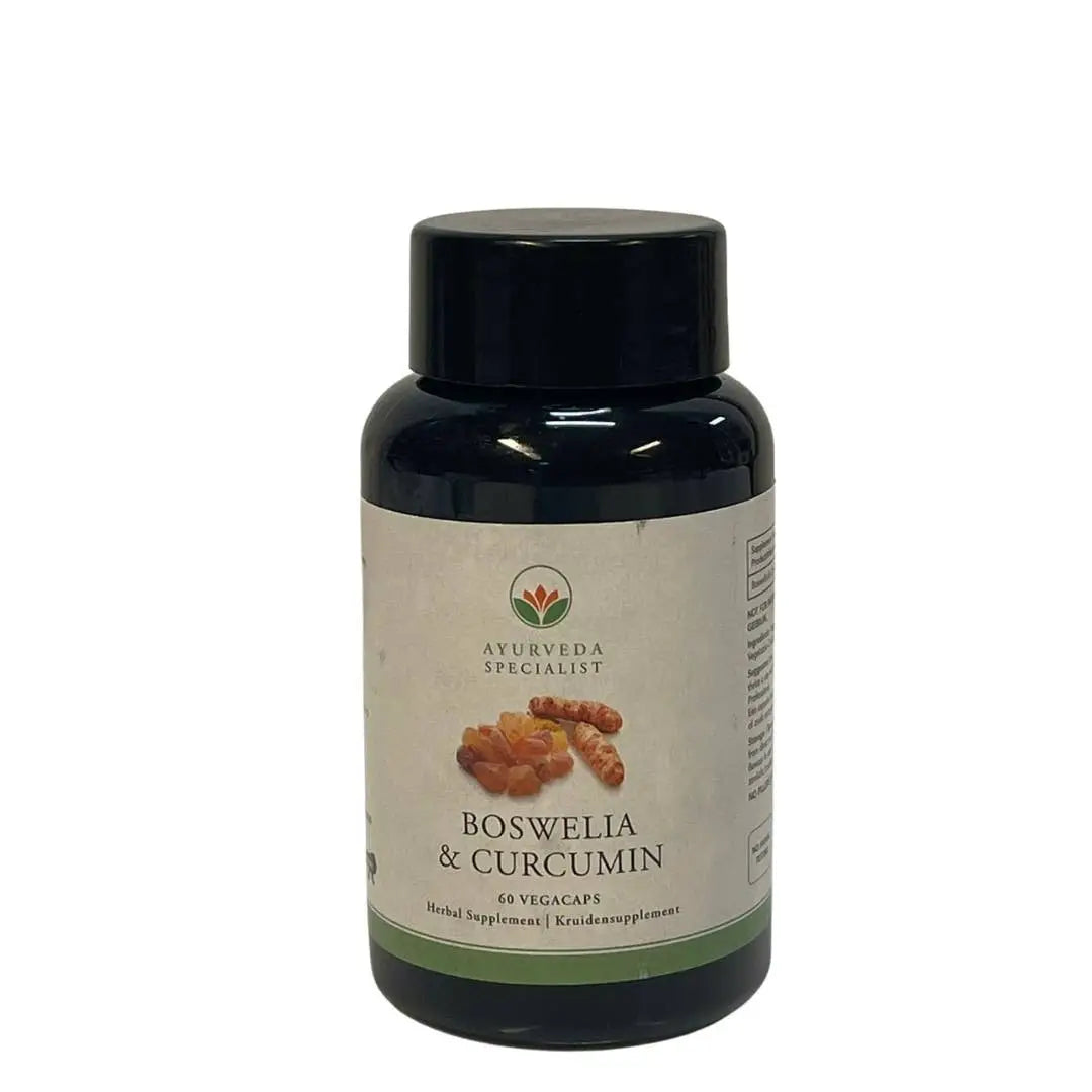 Dunkelblauer plastikflasche mit schwarzem deckel und beige etikett ayurveda specialist boswellia und curcumin 500 mg vegikapseln