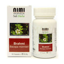 Weiße plastikflasche mit brahmi kapseln von nimi ayurveda für mentale stärke fokus und menopausale symptome