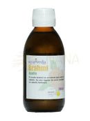 Brahmi öl ayurveda auténtico in braunem glasfläschchen mit weißem verschluss zur stärken haare und haarpflege