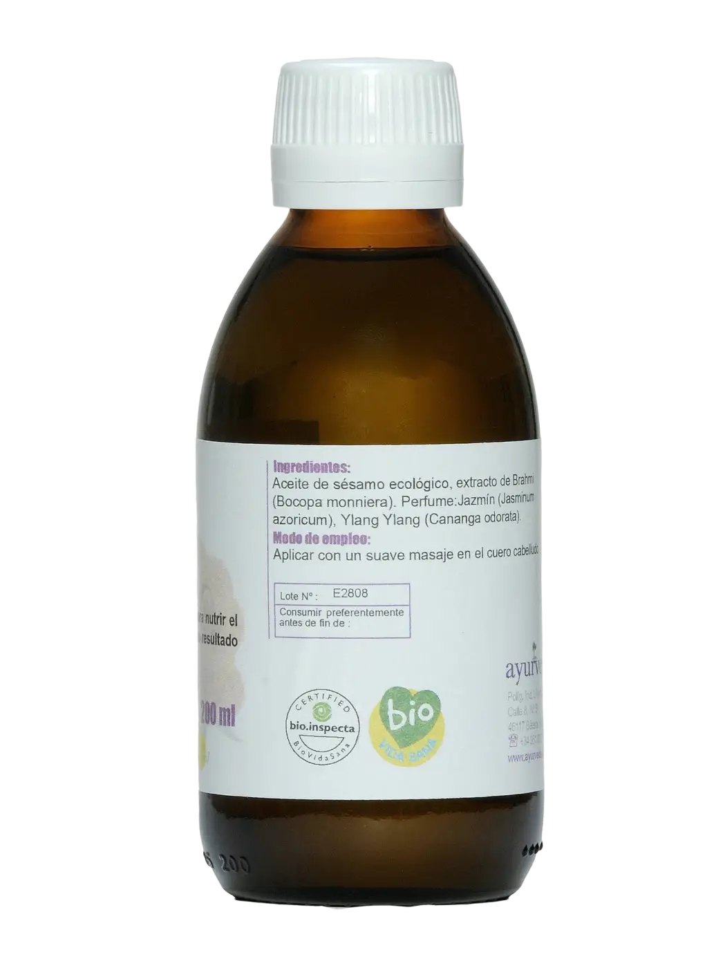 Brahmiöl in brauner Glasflasche mit weißem gerippten Verschluss, Ayurveda Haar- und Kopfhautöl, 200 ml
