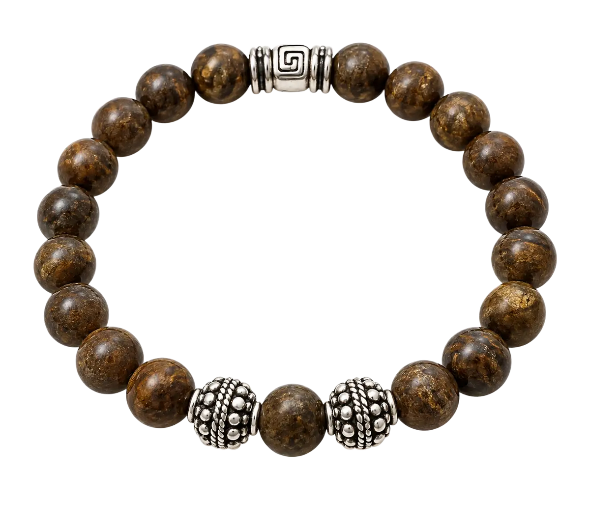 Bronzit armband 8 mm aus braunem fossilem holz mit silbernen metallelementen und griechischem schlüsselverschluss bei mana shop image to zoom