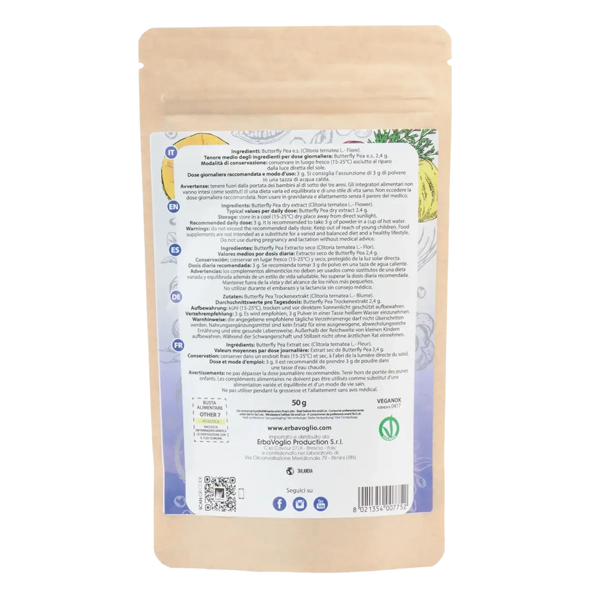 Erbavoglio Schmetterlingsblüten-Pulver, 50 g, in Beutel, fein gemahlen, als Nahrungsergänzung, natürliche blaue Blütenpracht.
