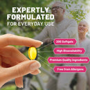 Eine Hand hält eine gelbe Knoblauch-Softgel-Kapsel mit einer Infografik zu den Premium-Qualitätsmerkmalen.