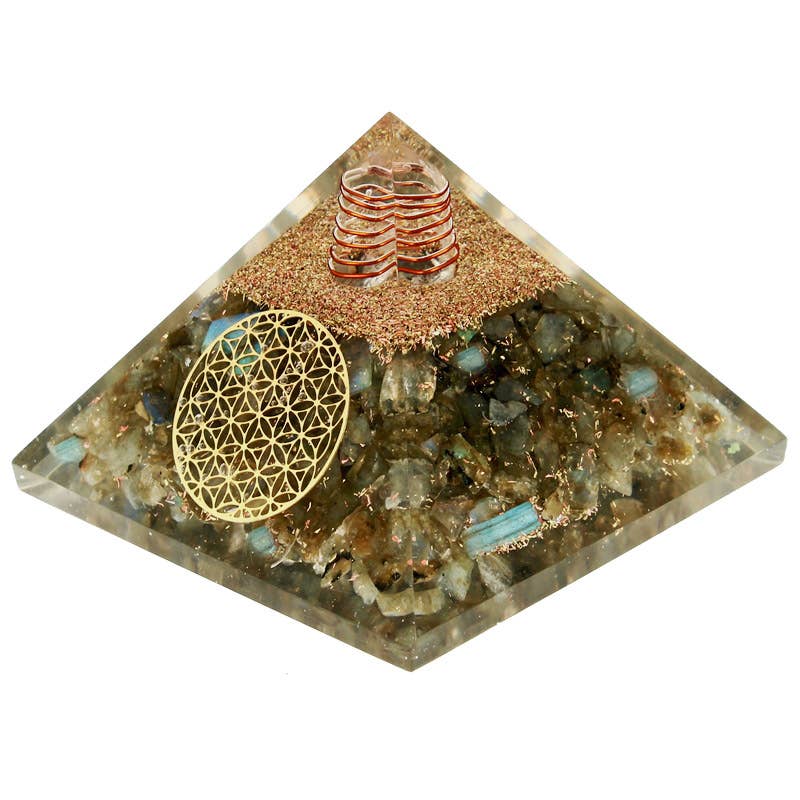 Artisans de Madagascar - Labradorit-Orgonit-Pyramide „Blume des Lebens“ 7,5 cm