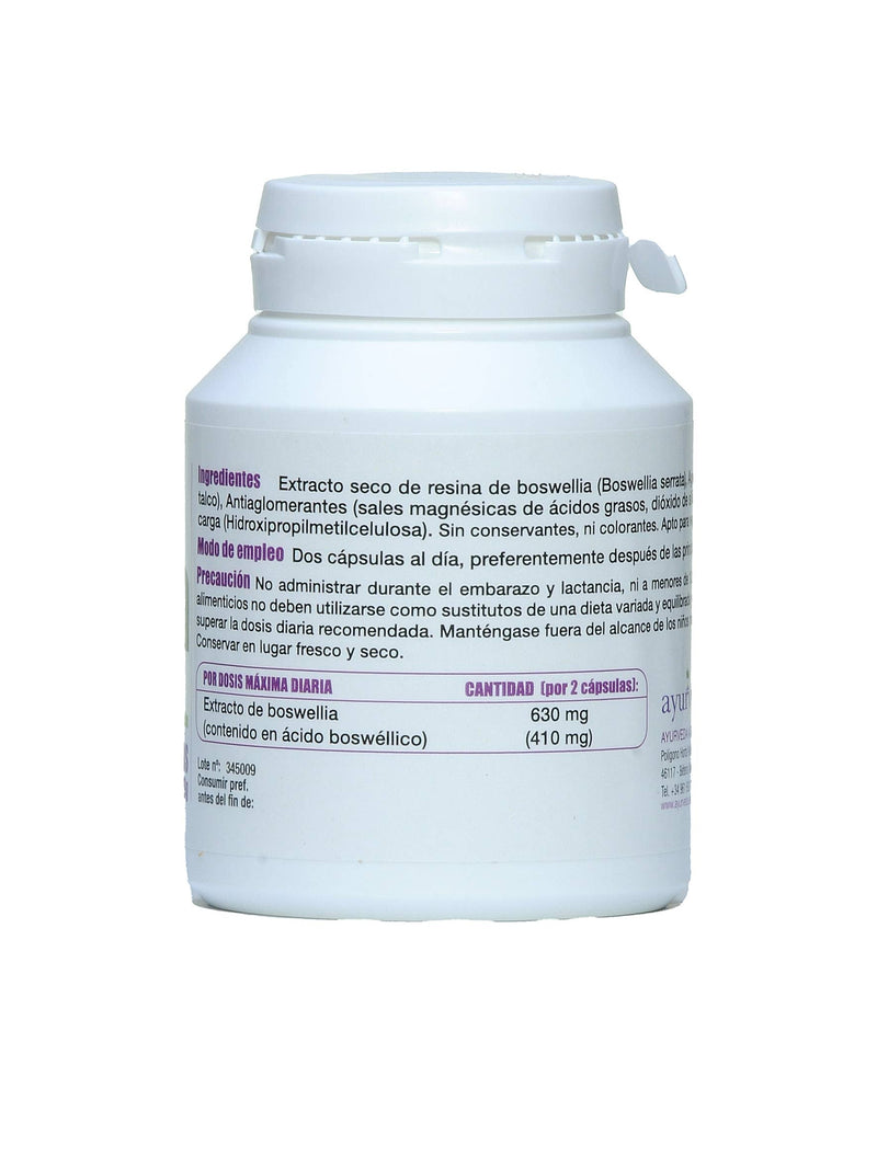  Das rückseitige Etikett einer weißen Plastikflasche "Ayurveda autentico Boswellia" Kapseln. Es listet Inhaltsstoffe, einschließlich Trockenextrakt aus Boswellia-Harz, Gebrauchsanweisungen, Vorsichtsmaßnahmen und Informationen zur maximalen Tagesdosis auf.