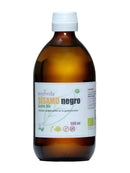 - Eine braune Glasflasche mit weißem Deckel und weißem Etikett, das den Text "Ayurveda SÉSAMO negro Aceite Bio", die Füllmenge "500 ml" und Qualitätssiegel wie "100% Natural" und "Sin Gluten" (glutenfrei) zeigt.