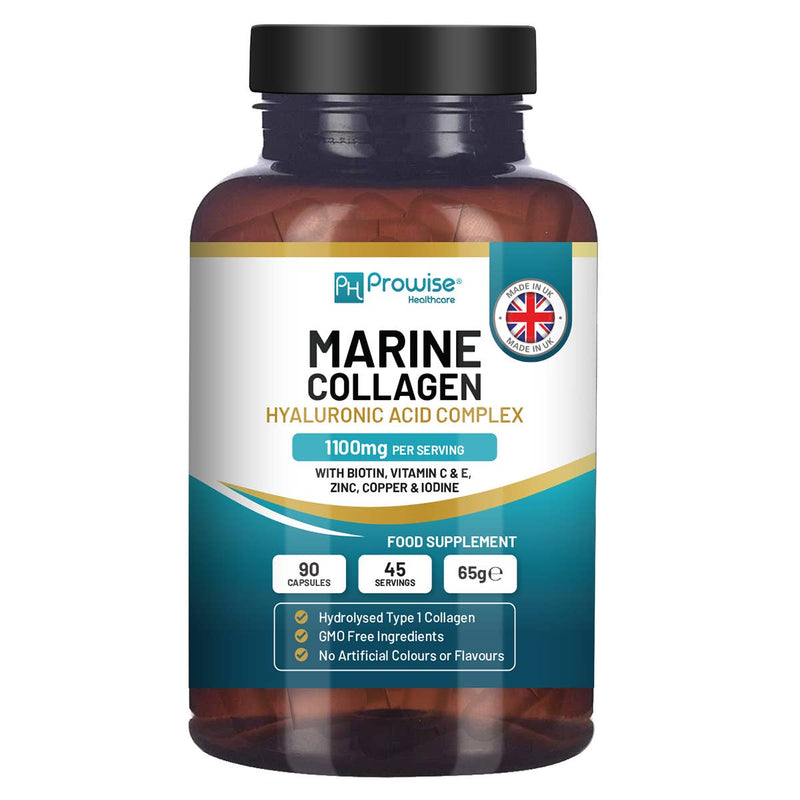 Die Vorderseite einer Prowise Marine Collagen Hyaluronsäure Komplex Flasche, die 1100mg pro Portion, 90 Kapseln, 45 Portionen, Biotin, Vitamin C & E, Zink, Kupfer & Iod sowie Herkunft aus UK hervorhebt.