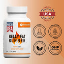Ein Nahrungsergänzungsmittel von WellnessPro mit der Aufschrift „Belly Fat Burner", das als „Made in USA", „Non-GMO", „Gluten Free", „Vegan" und „GMP Certified" beworben wird.
